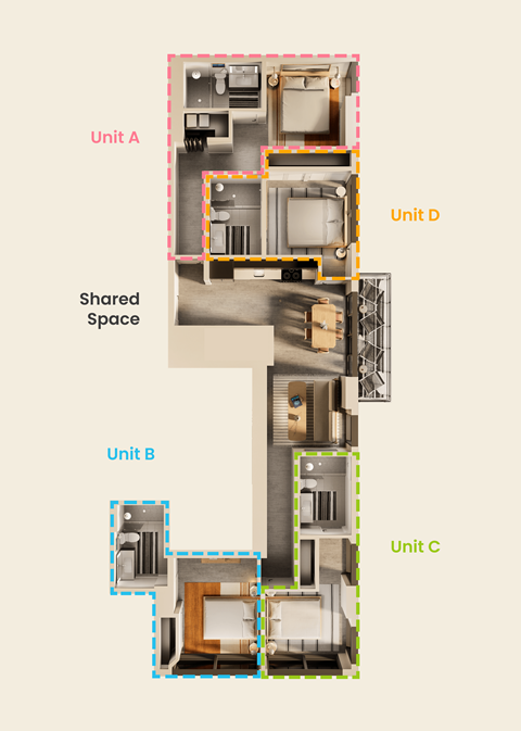 A diagram shows four units in a building with a shared space in the middle.
